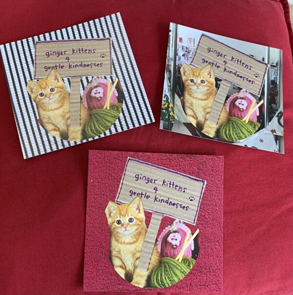 3 varying postcards all showing the Open Barbers ginger kitten and sign saying "ginger kitten for gentle kindnesses"