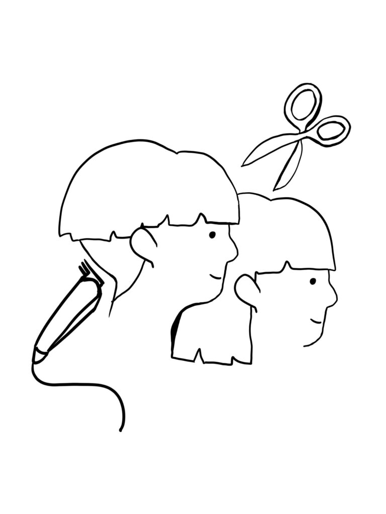 A drawing of 2 children under 10 getting any style of haircut