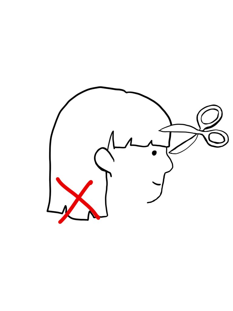 A drawing of a person getting a fringe trim
