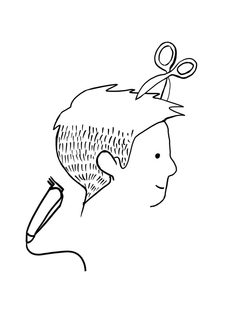 A drawing of a person getting a short hair clipper and scissor trim