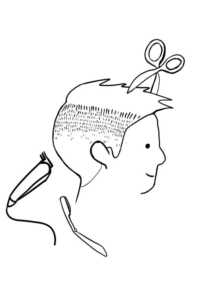 A drawing of a person getting a skin fade clipper cut