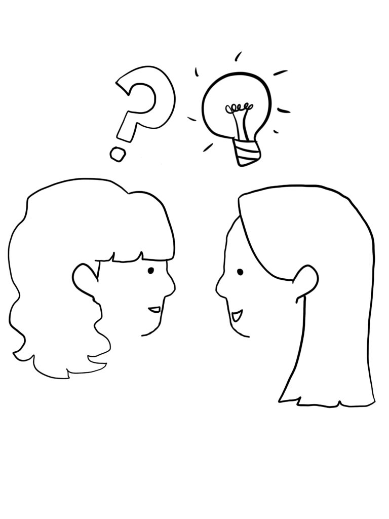 A drawing of 2 people discussing ideas as a consultation