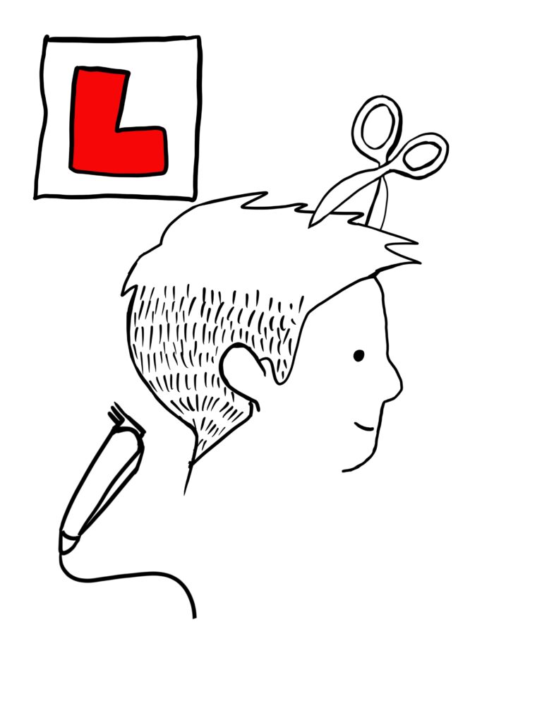 A drawing of a person getting a short hair clipper and scissor trim by a trainee barber represented by an 'L' plate in the corner