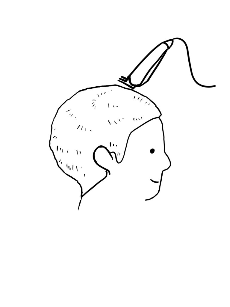 A drawing of a person getting their head shaved all over with clippers
