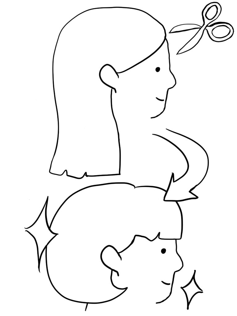 A drawing of a person getting a change on style haircut with scissors only