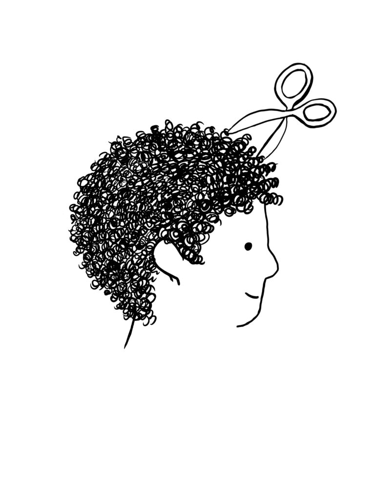 A drawing of a person with Afro textured hair getting a haircut with scissors