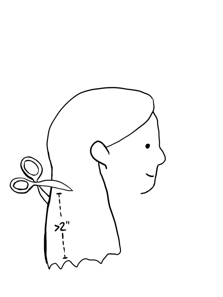 A drawing of a person getting scissor based haircut with more than 2 inches cut off