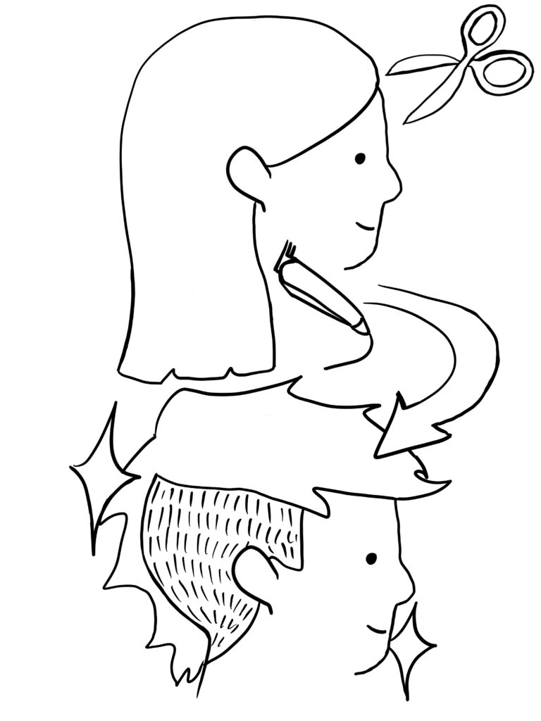 A drawing of a person getting a change of hairstyle using clippers
