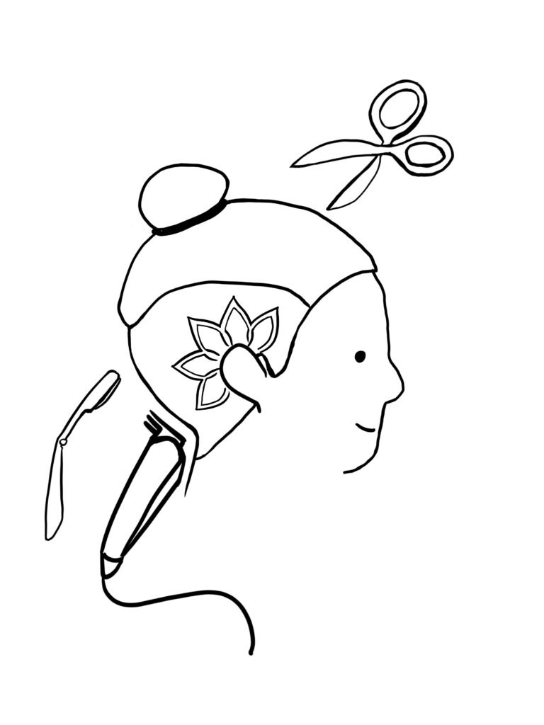 A drawing of a person getting a full haircut including a shaved pattern