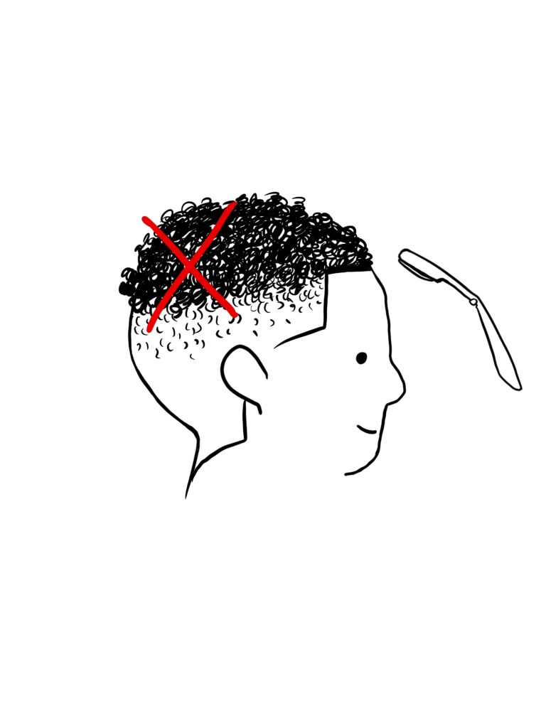 A drawing of a person with short curly hair getting a shape up on the hairline edges